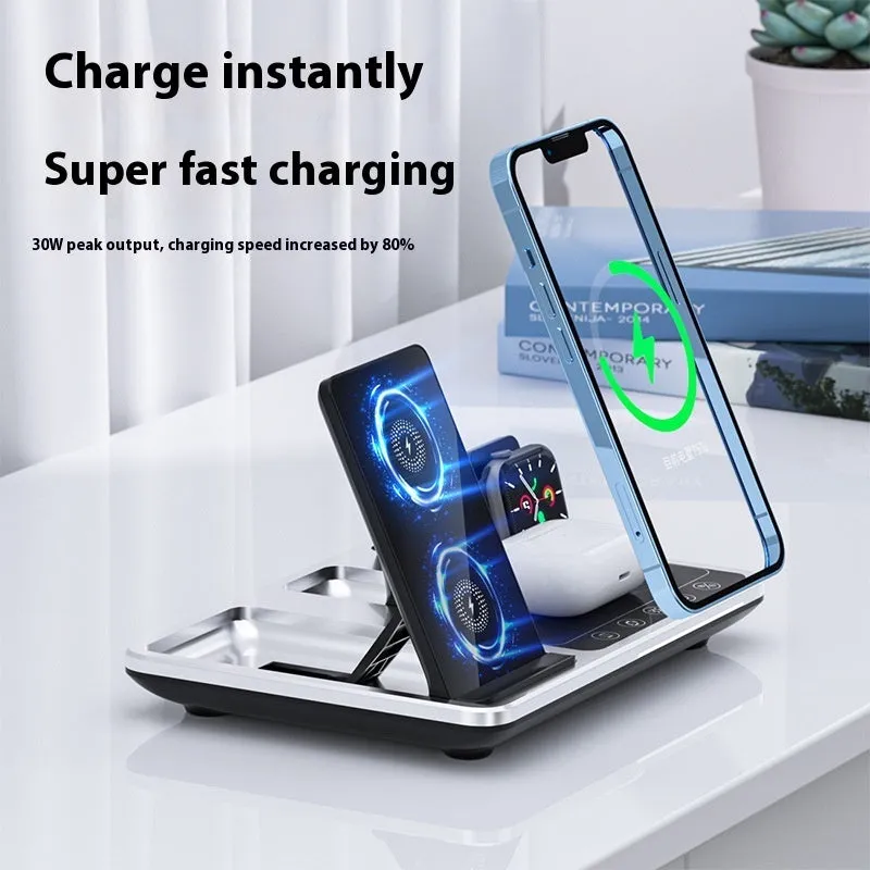 Multifunctional wireless fast charging clock with folding bracket, black plastic version, charging a phone upright