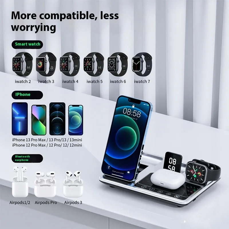 Multifunctional wireless fast charging clock with folding bracket, black plastic version, charging a phone upright