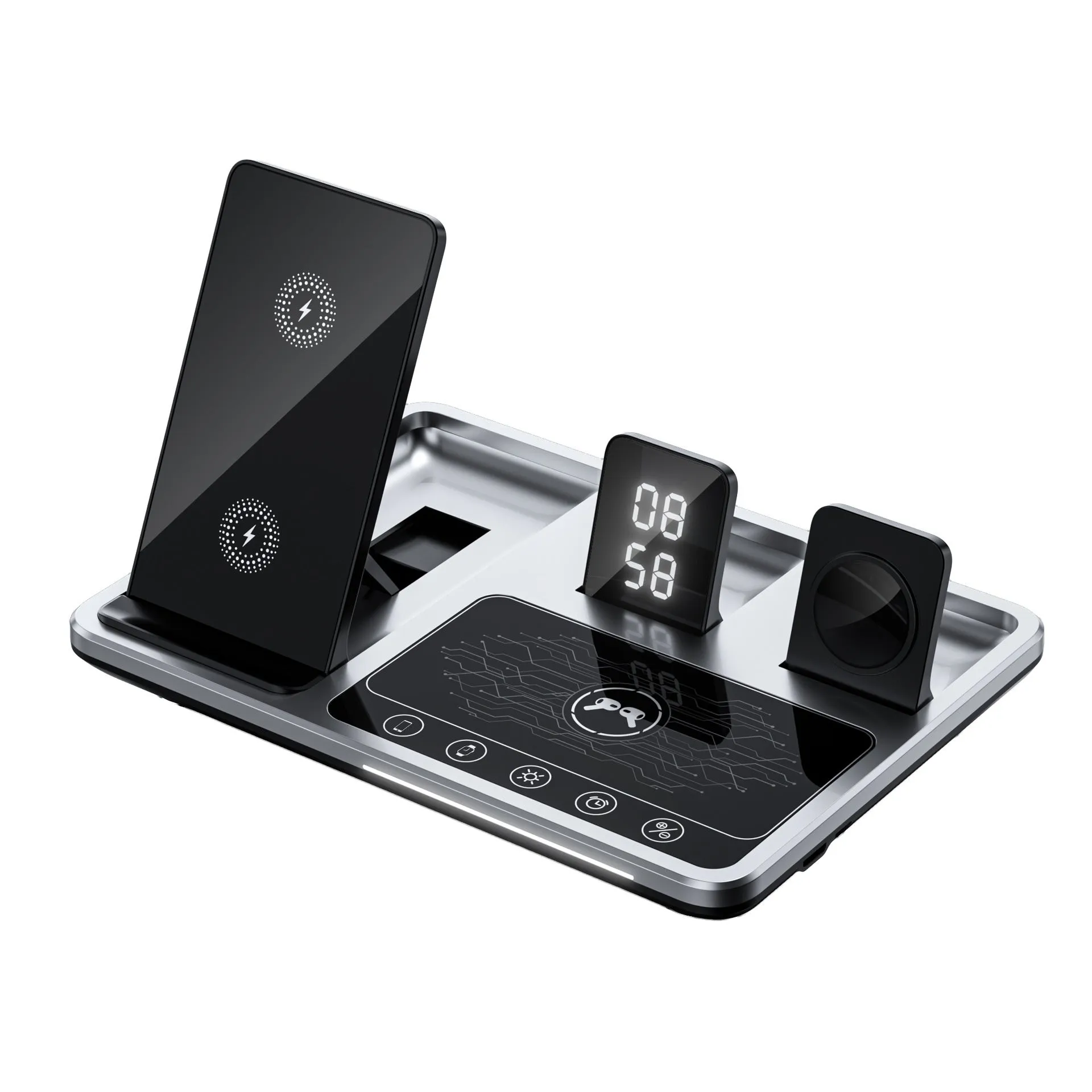 Multifunctional wireless fast charging clock with folding bracket, black plastic version, charging a phone upright
