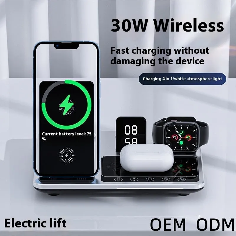Multifunctional wireless fast charging clock with folding bracket, black plastic version, charging a phone upright