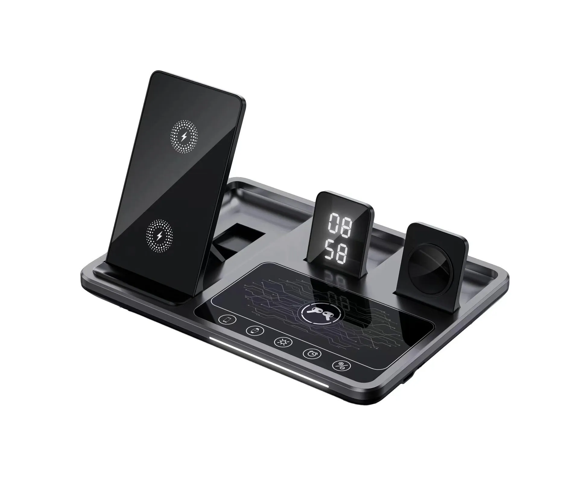 Multifunctional wireless fast charging clock with folding bracket, black plastic version, charging a phone upright
