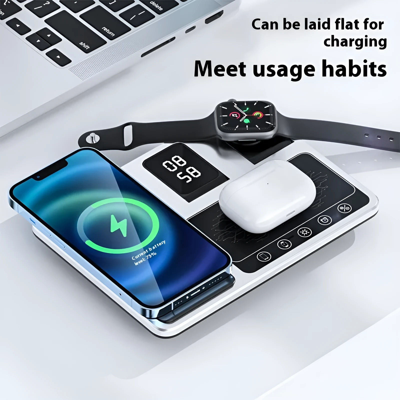 Multifunctional wireless fast charging clock with folding bracket, black plastic version, charging a phone upright