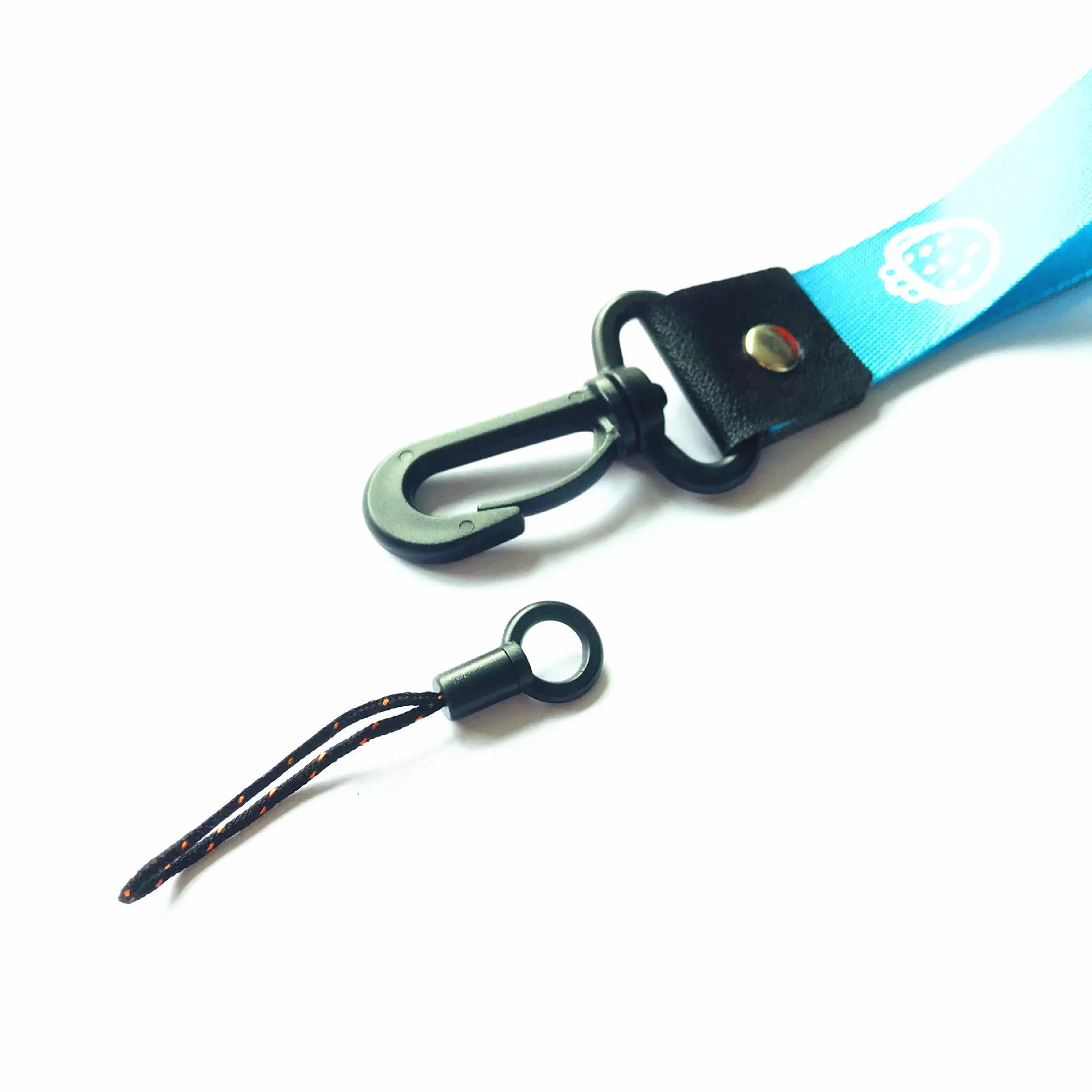 Short 25cm printed polyester mobile phone lanyard with 2-in-1 hooks in mixed colour on a wrist