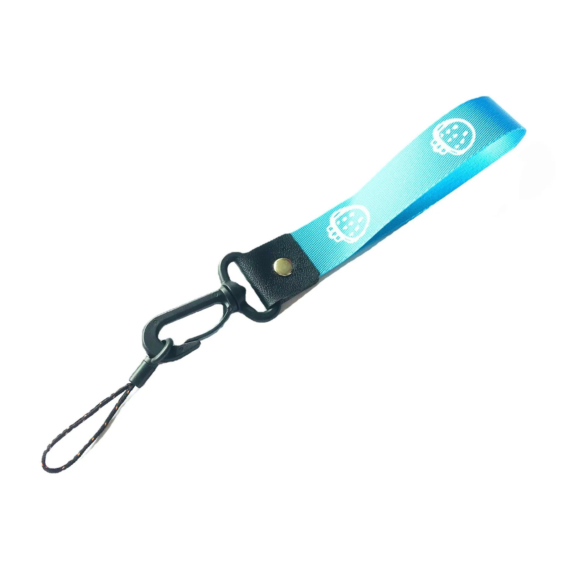 Short 25cm printed polyester mobile phone lanyard with 2-in-1 hooks in mixed colour on a wrist