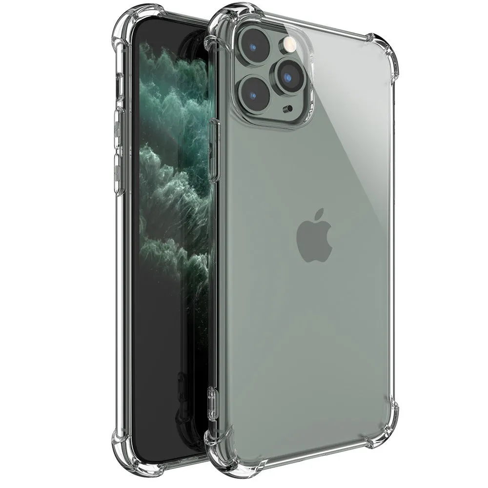 Clear shockproof TPU phone case for various iPhone models on a table.