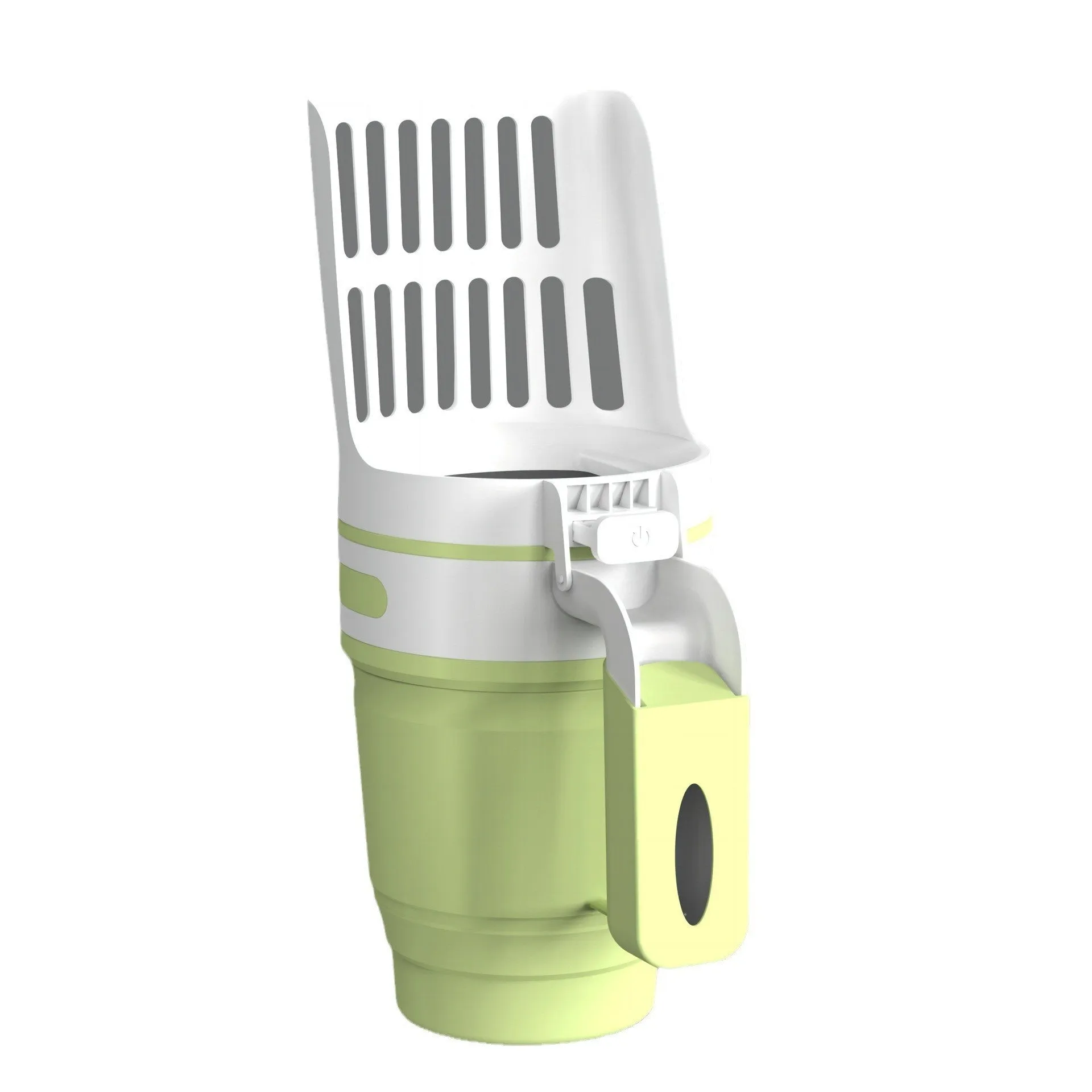 Self-cleaning cat litter scoop system with waste bin in grey colour showing foldable bottom design