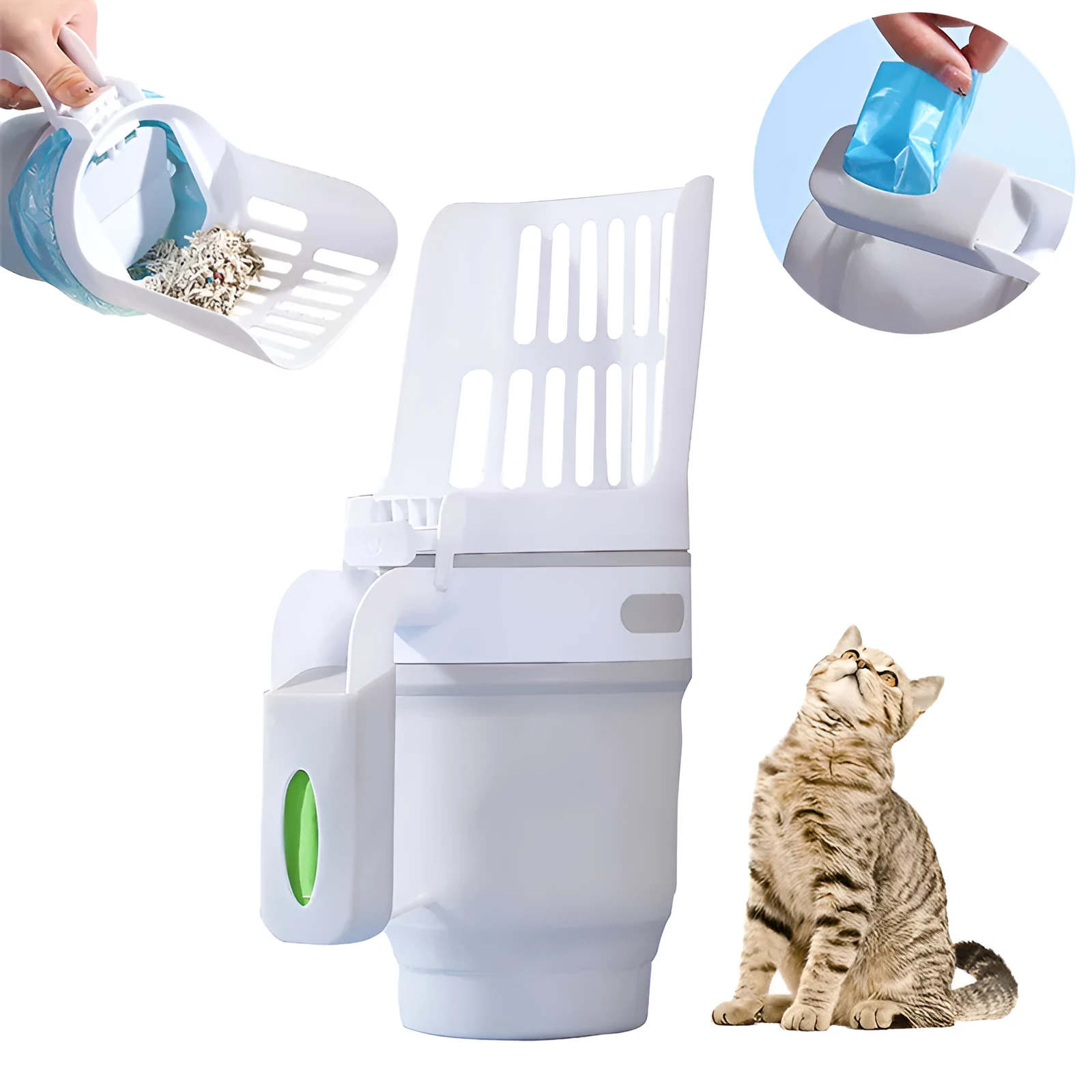Self-cleaning cat litter scoop system with waste bin in grey colour showing foldable bottom design