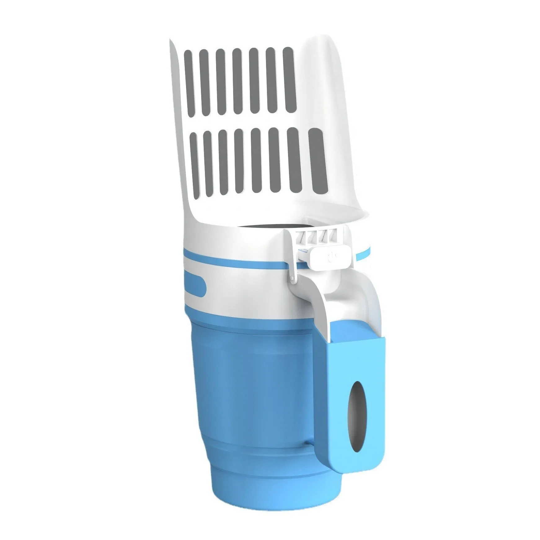Self-cleaning cat litter scoop system with waste bin in grey colour showing foldable bottom design