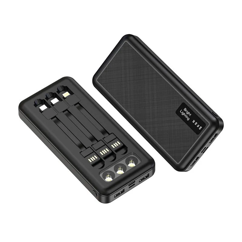 Black power bank with PVC shell, detachable cable, and light display showing battery level