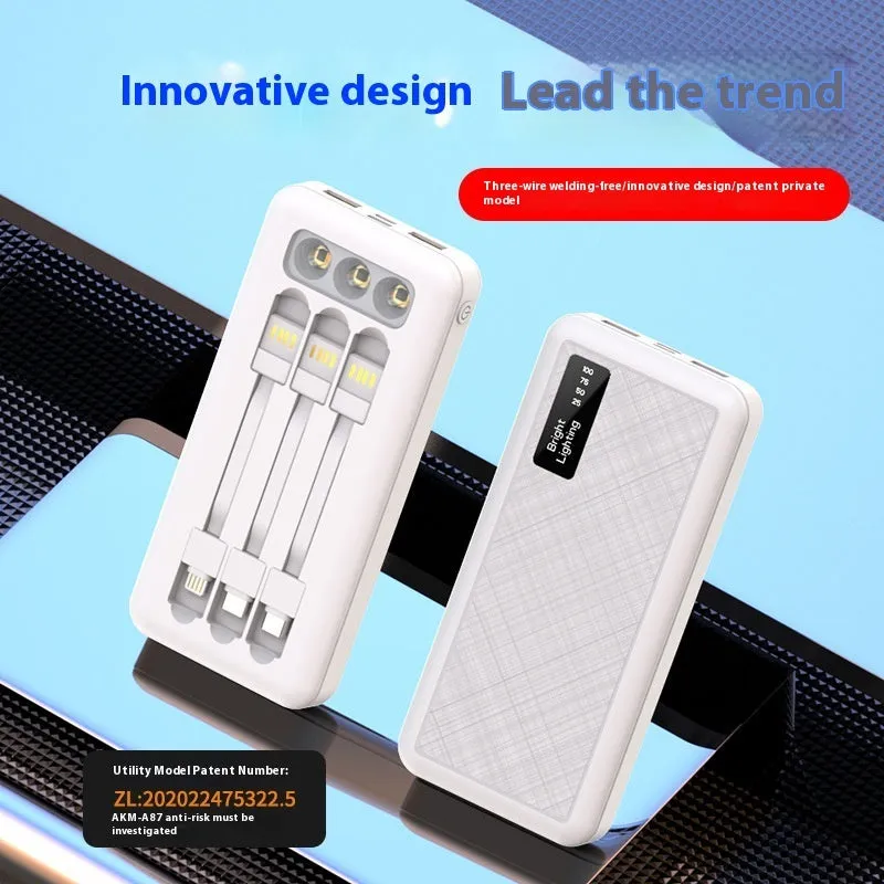 Black power bank with PVC shell, detachable cable, and light display showing battery level