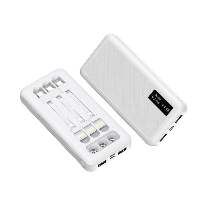 Black power bank with PVC shell, detachable cable, and light display showing battery level
