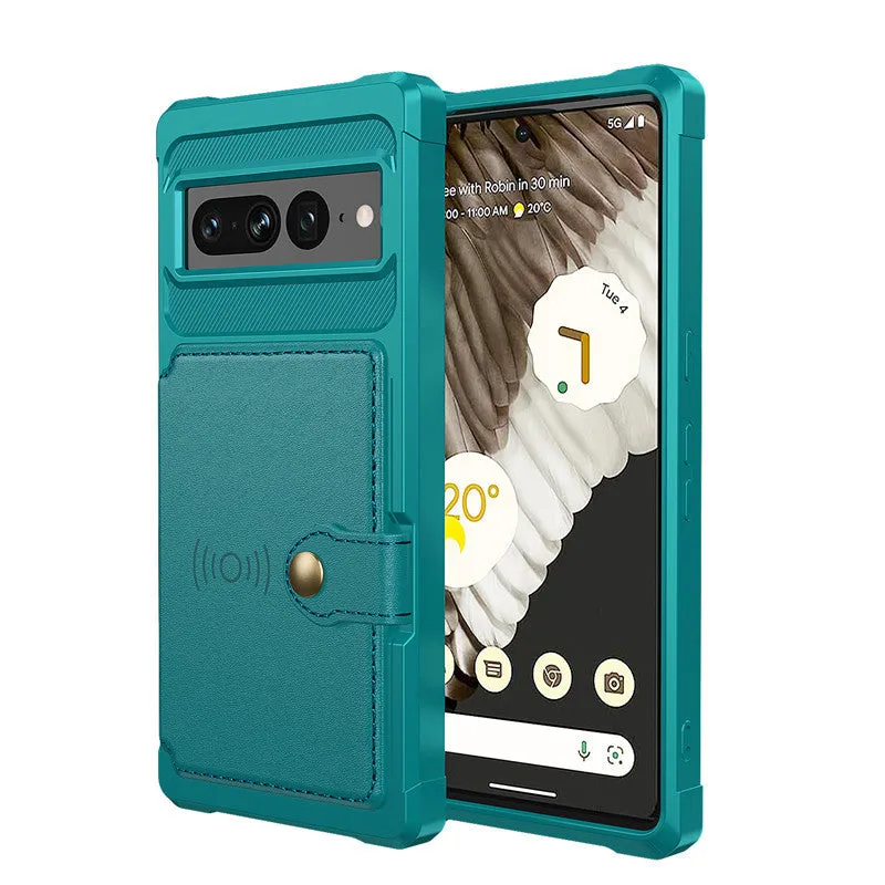 Google Pixel 7 card holder wallet case with magnetic closure in black, blue, cyan, purple, red, rose gold