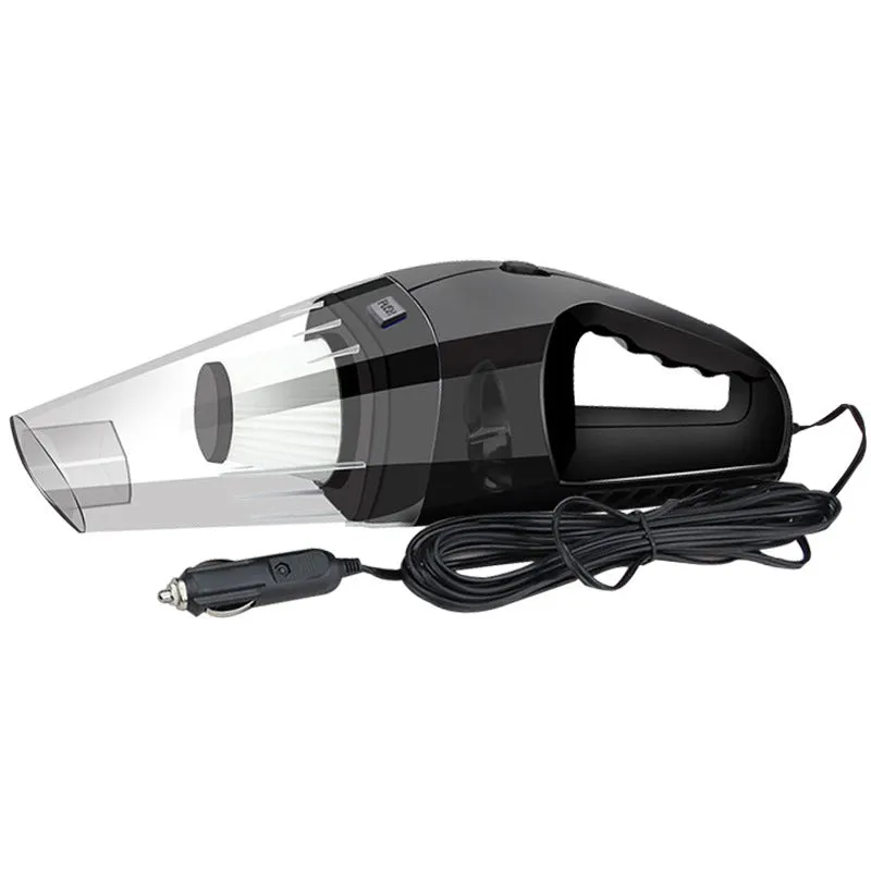 Orange 12V portable handheld car vacuum cleaner with nozzle attachments on a car seat.