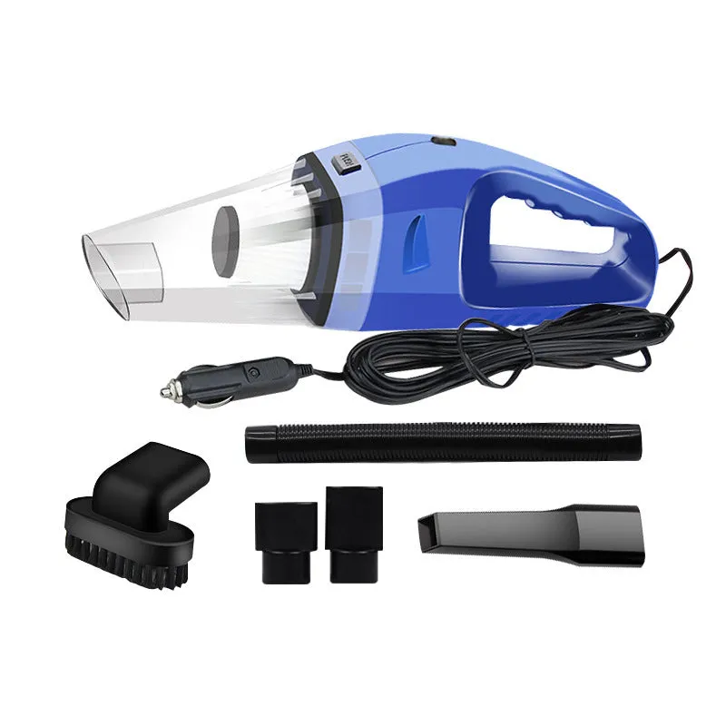 Orange 12V portable handheld car vacuum cleaner with nozzle attachments on a car seat.