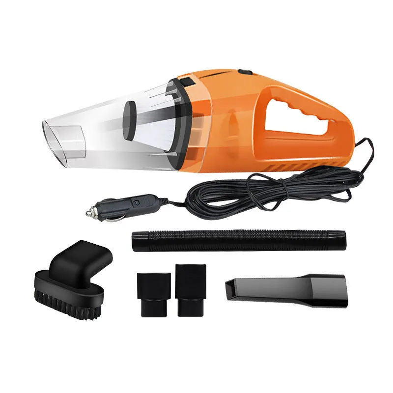 Orange 12V portable handheld car vacuum cleaner with nozzle attachments on a car seat.