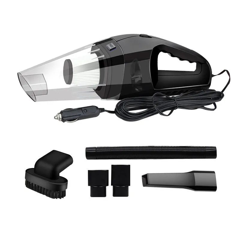 Orange 12V portable handheld car vacuum cleaner with nozzle attachments on a car seat.