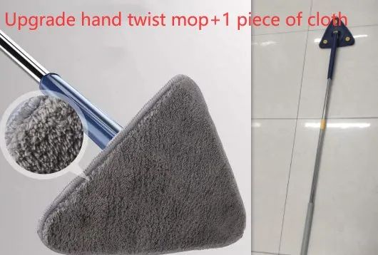 Extendable triangle mop with rotating blue head and adjustable stainless steel pole for corner cleaning