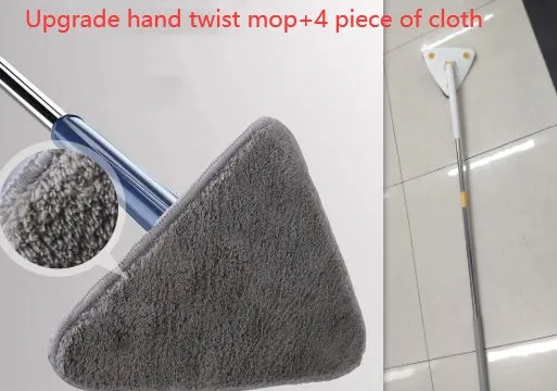 Extendable triangle mop with rotating blue head and adjustable stainless steel pole for corner cleaning
