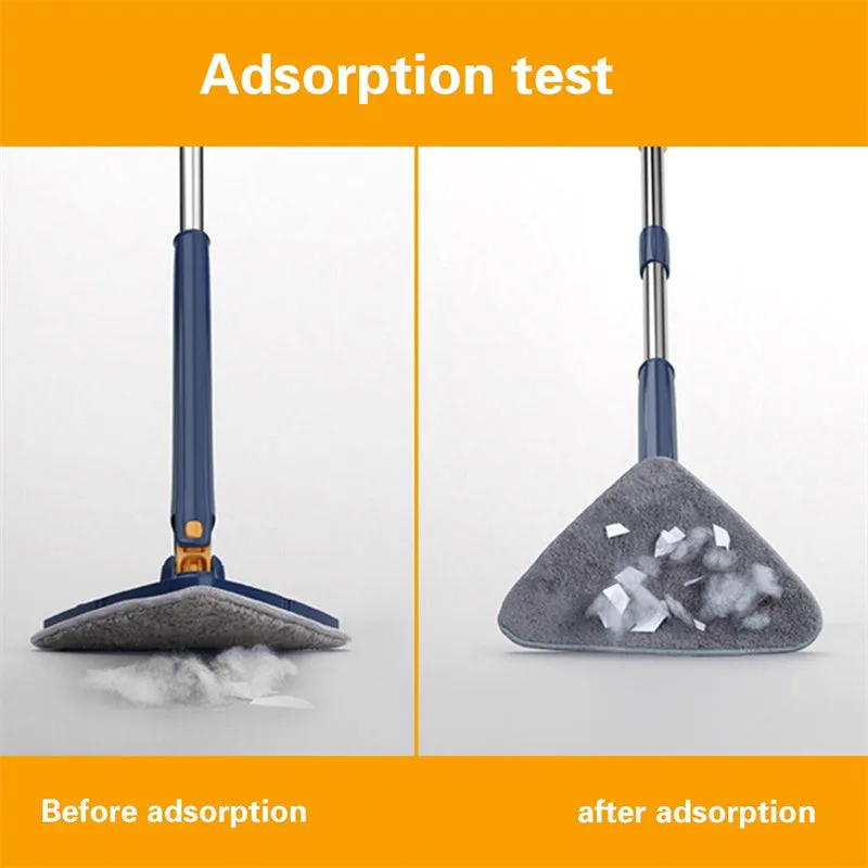 Extendable triangle mop with rotating blue head and adjustable stainless steel pole for corner cleaning