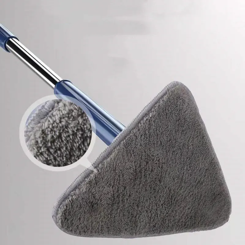 Extendable triangle mop with rotating blue head and adjustable stainless steel pole for corner cleaning