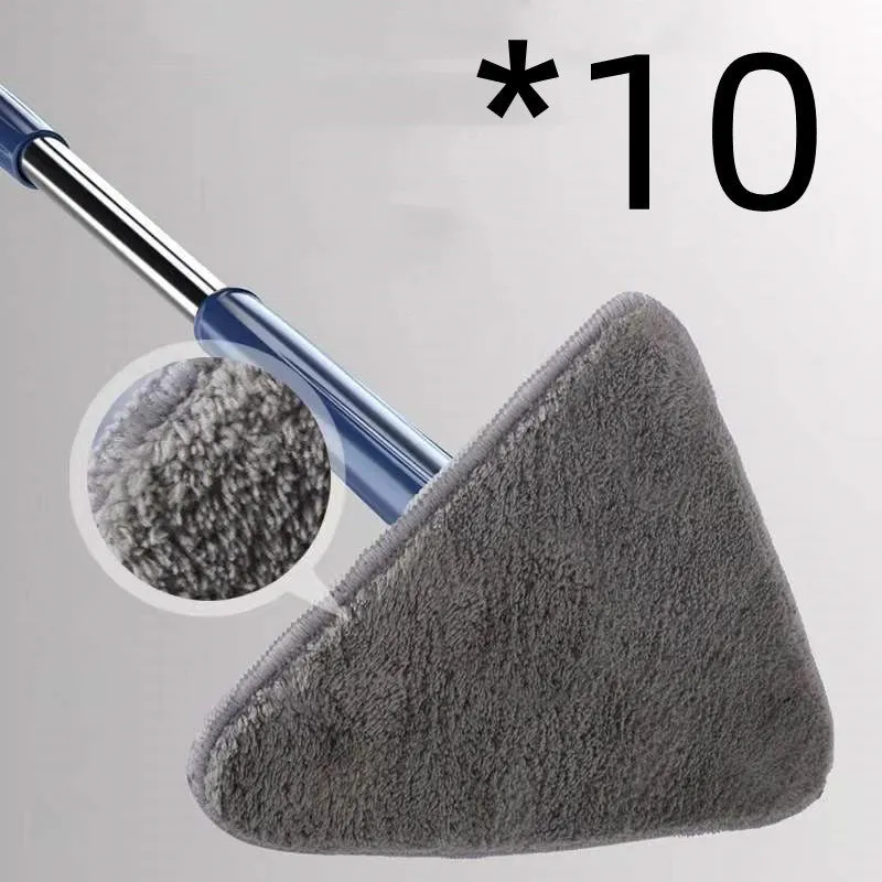Extendable triangle mop with rotating blue head and adjustable stainless steel pole for corner cleaning