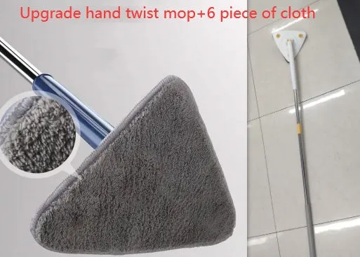 Extendable triangle mop with rotating blue head and adjustable stainless steel pole for corner cleaning