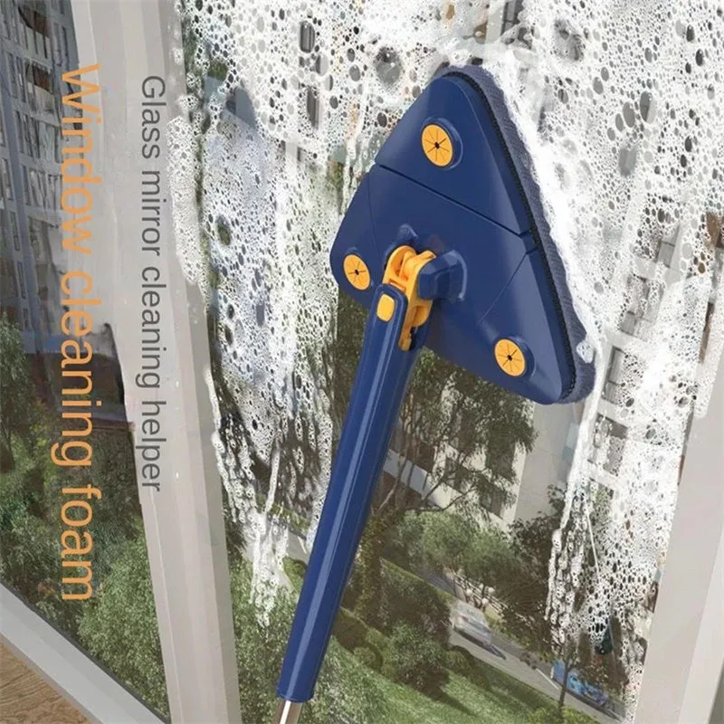 Extendable triangle mop with rotating blue head and adjustable stainless steel pole for corner cleaning