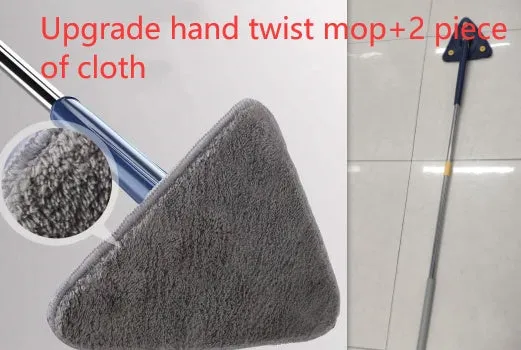 Extendable triangle mop with rotating blue head and adjustable stainless steel pole for corner cleaning