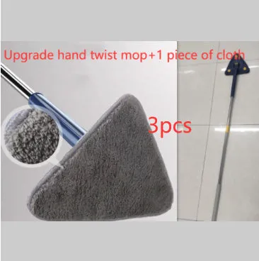 Extendable triangle mop with rotating blue head and adjustable stainless steel pole for corner cleaning