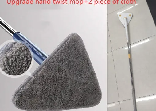 Extendable triangle mop with rotating blue head and adjustable stainless steel pole for corner cleaning
