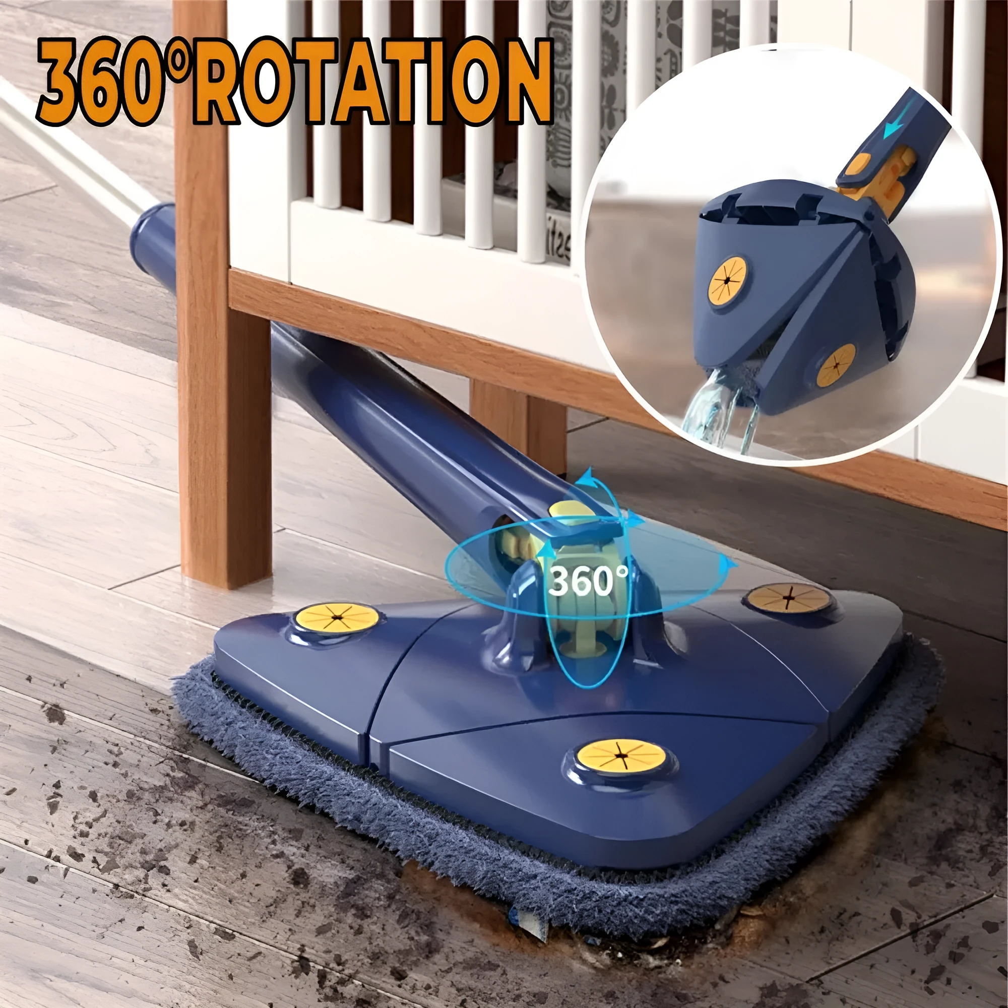 Extendable triangle mop with rotating blue head and adjustable stainless steel pole for corner cleaning