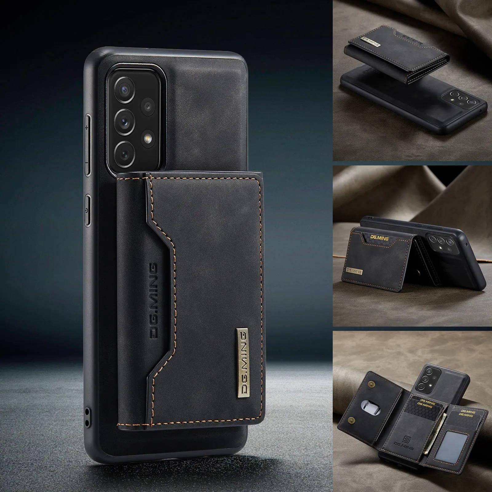 Anti-fall card-inserting PU leather phone case for Samsung with magnetic bracket, M2 combination black