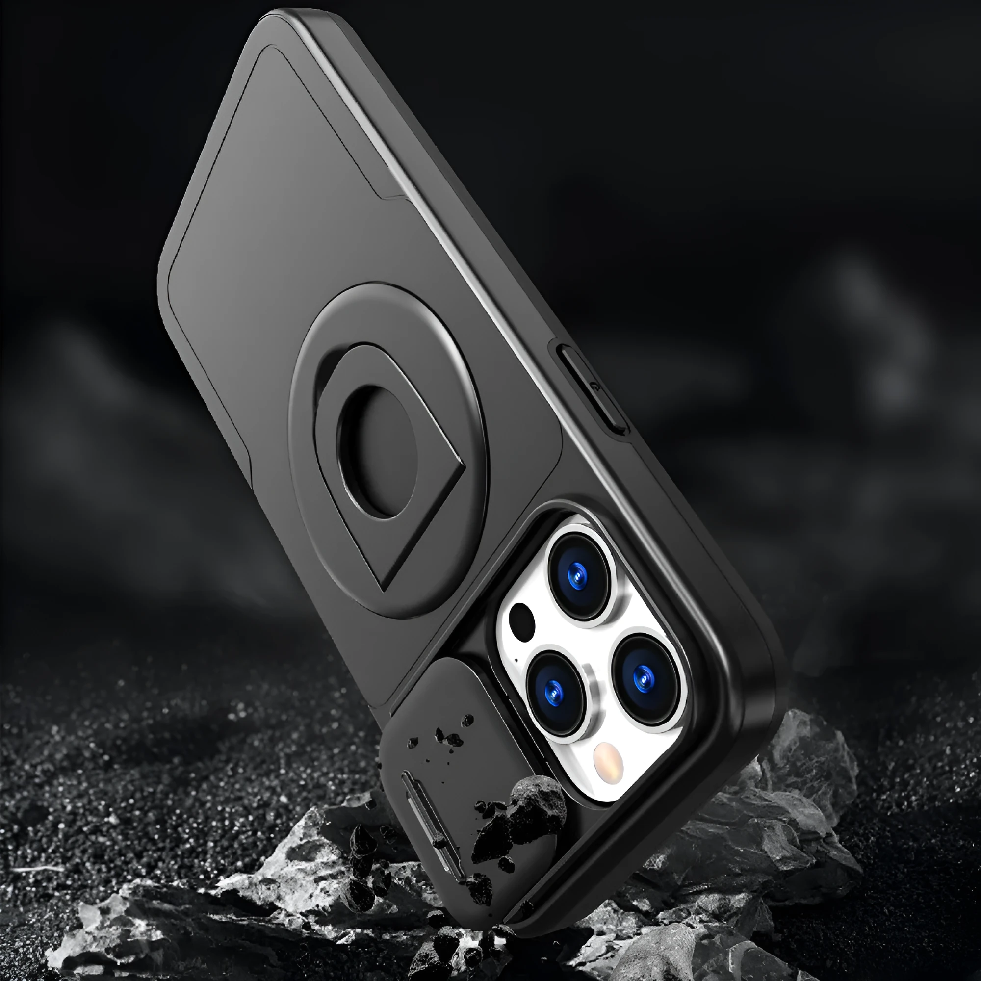 Phone case with sliding window, magnetic ring rotating bracket, in black, for Apple iPhone 16 Pro Max