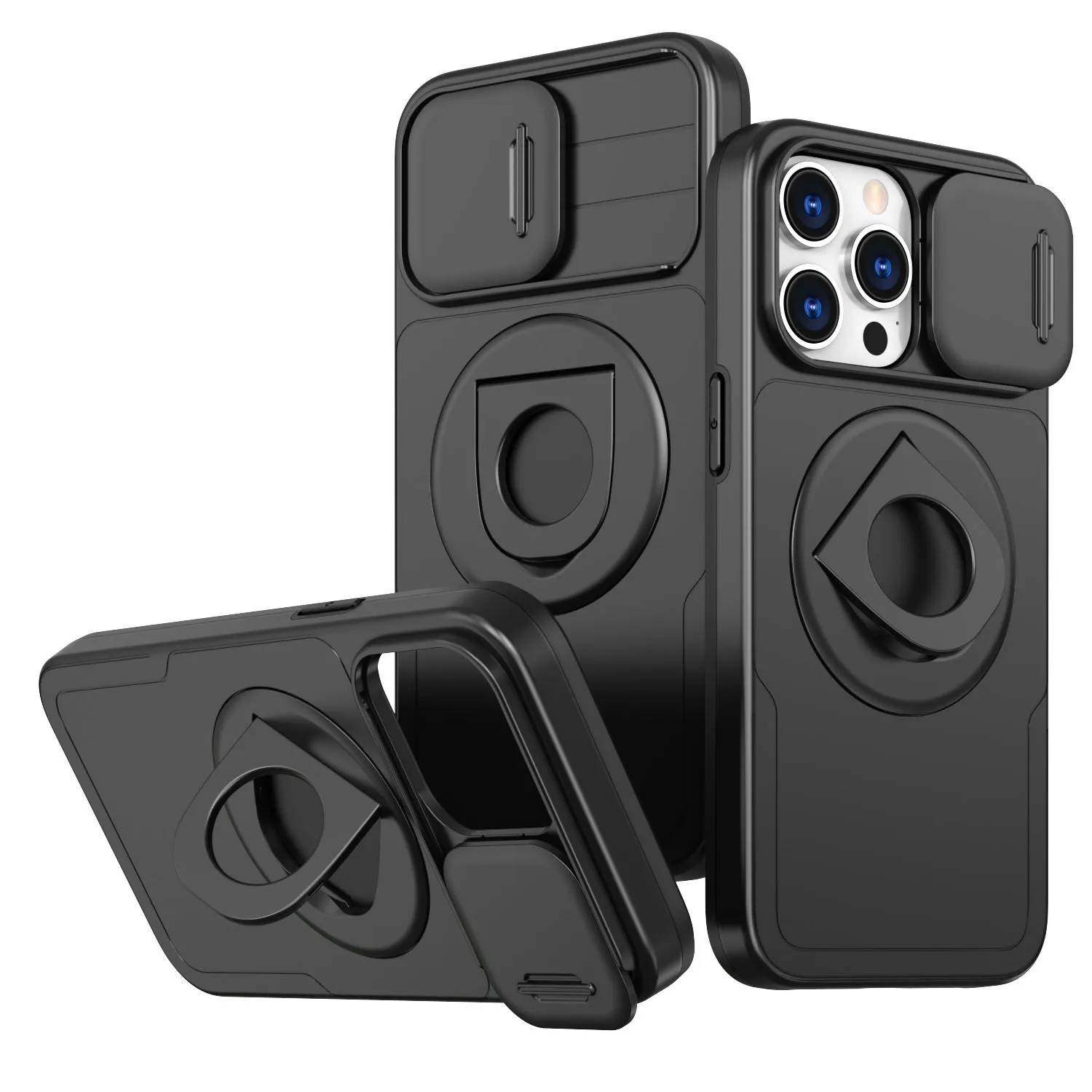 Phone case with sliding window, magnetic ring rotating bracket, in black, for Apple iPhone 16 Pro Max