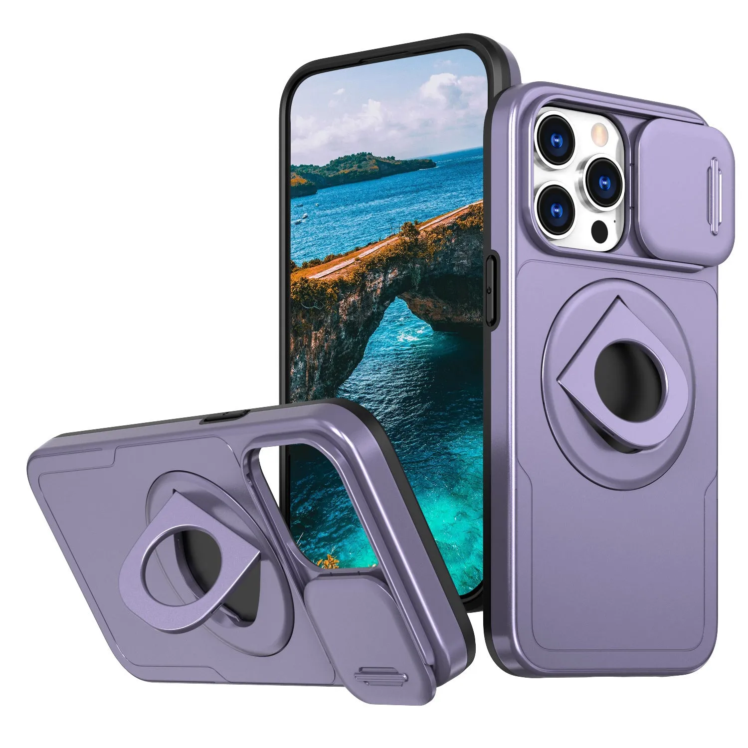 Phone case with sliding window, magnetic ring rotating bracket, in black, for Apple iPhone 16 Pro Max
