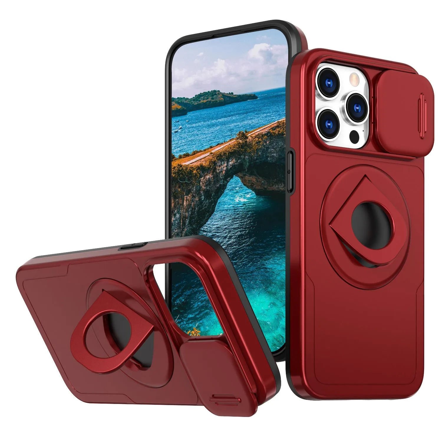 Phone case with sliding window, magnetic ring rotating bracket, in black, for Apple iPhone 16 Pro Max