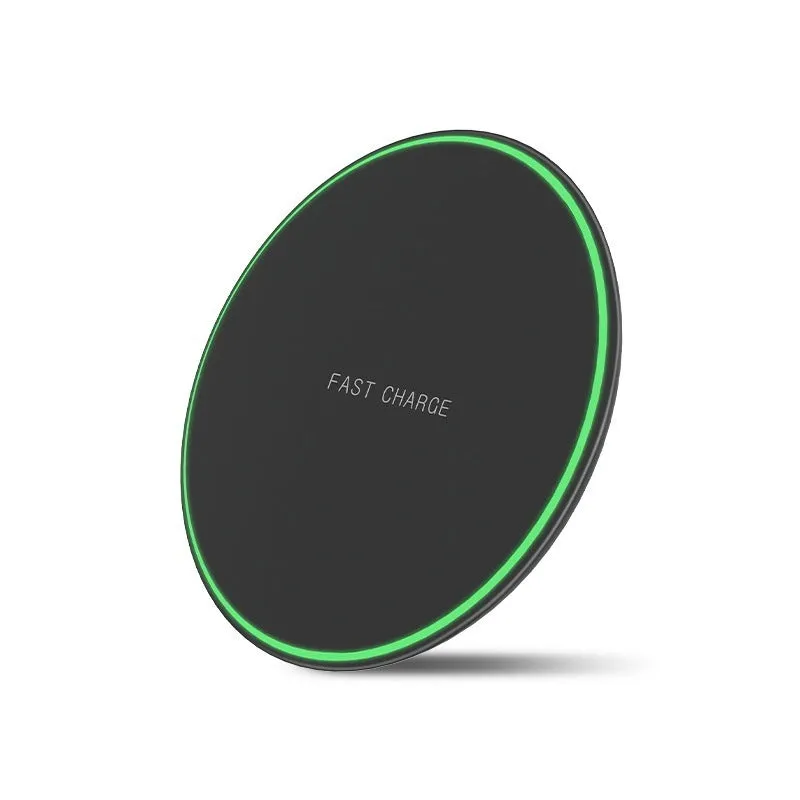 Ultra-thin round wireless charger in white with Type-C cable, 15W fast charging pad for desktop