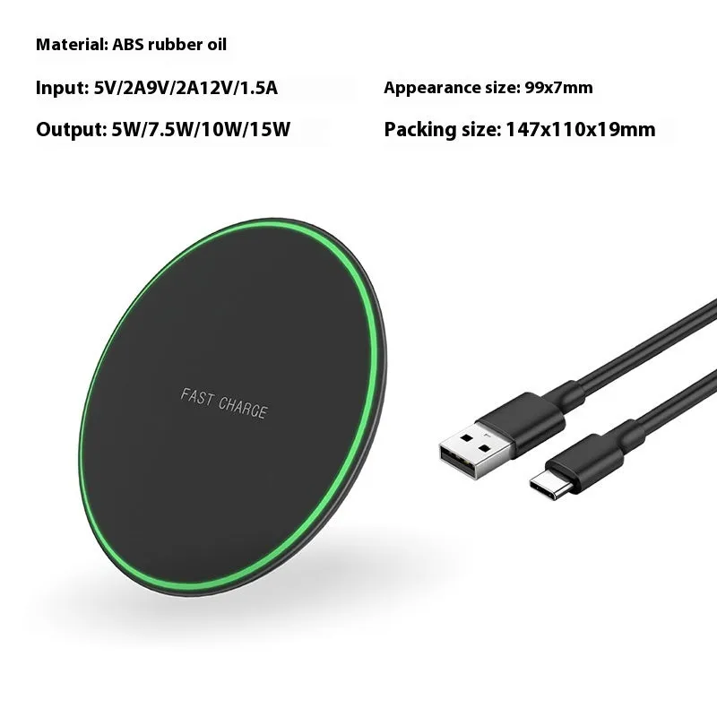 Ultra-thin round wireless charger in white with Type-C cable, 15W fast charging pad for desktop