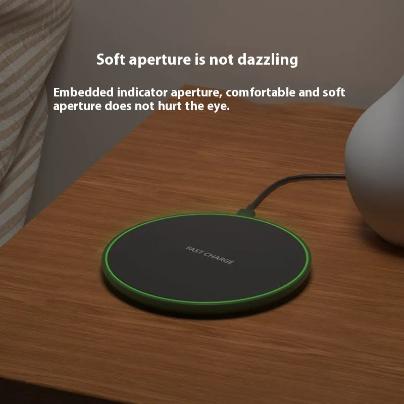 Ultra-thin round wireless charger in white with Type-C cable, 15W fast charging pad for desktop