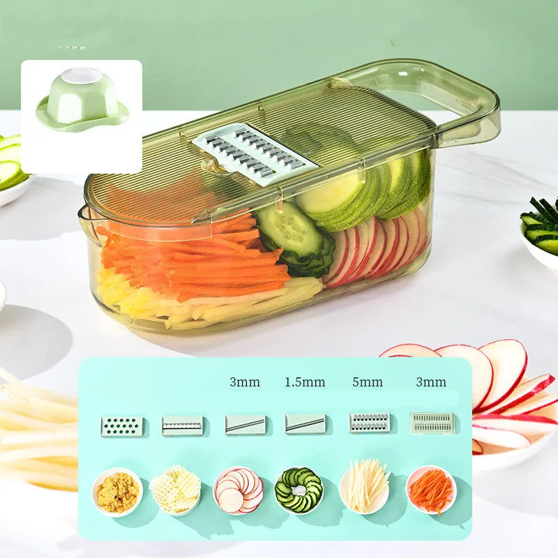 Transparent green multifunction vegetable cutter with stainless steel blades and 1.5L capacity chopping box