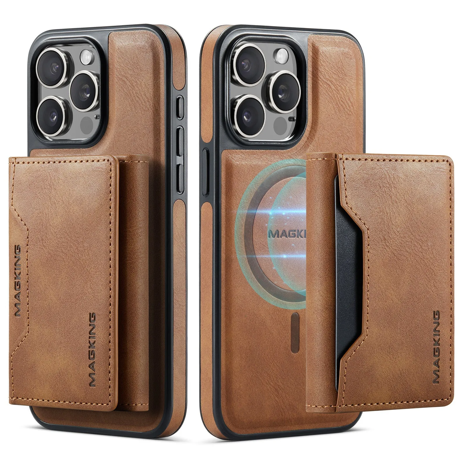 Multi-card TPU mobile phone case with card wallet, bracket stand, and magnetic closure in brown for Samsung S24 Ultra