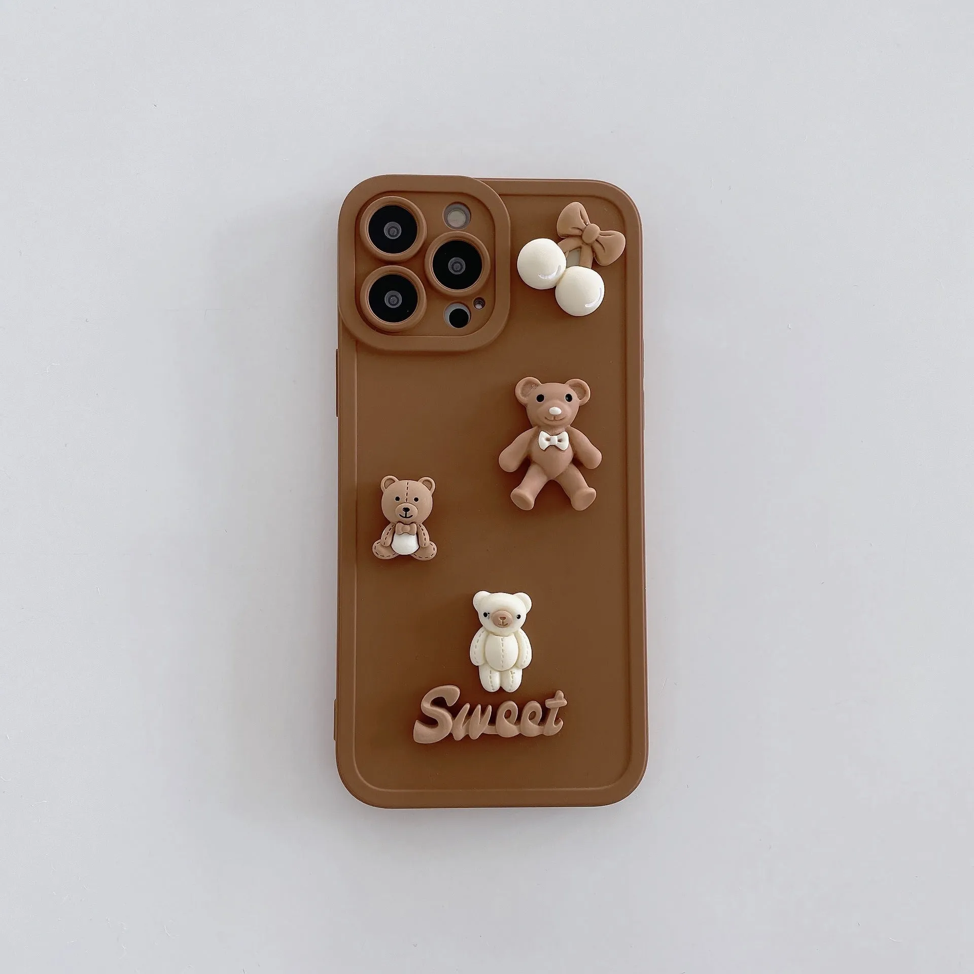 Three-dimensional bear design TPU phone case for iPhone in caramel colour, front view