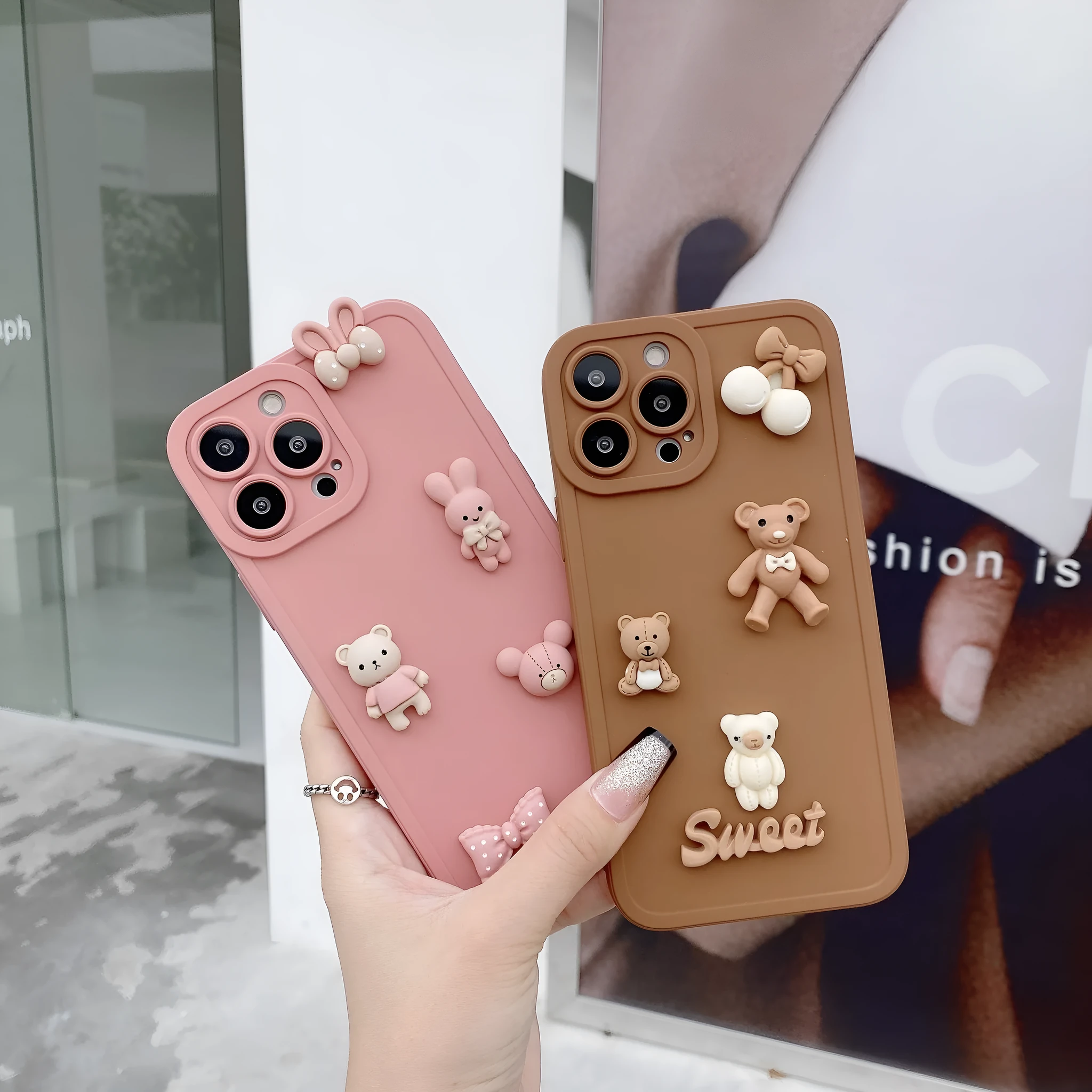 Three-dimensional bear design TPU phone case for iPhone in caramel colour, front view