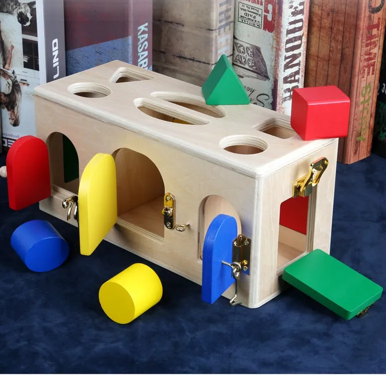 Wooden shape lock box educational toy with 12 pieces for preschool learning