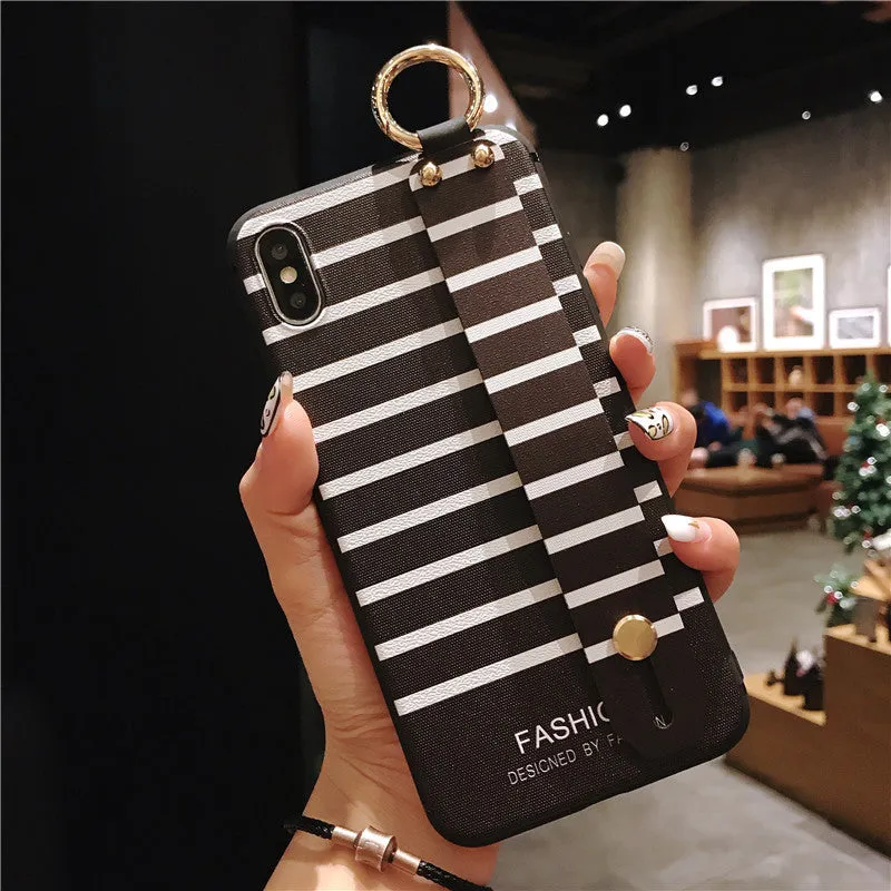 Wrist strap bracket phone case for iPhone 12 with ethnic black and white stripes TPU back cover