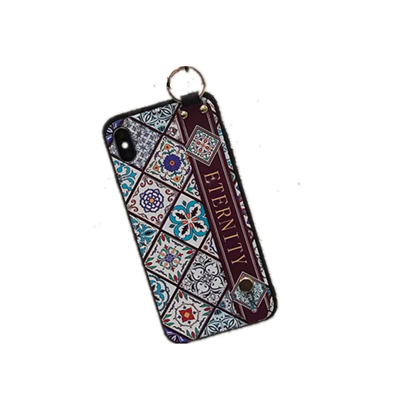 Wrist strap bracket phone case for iPhone 12 with ethnic black and white stripes TPU back cover