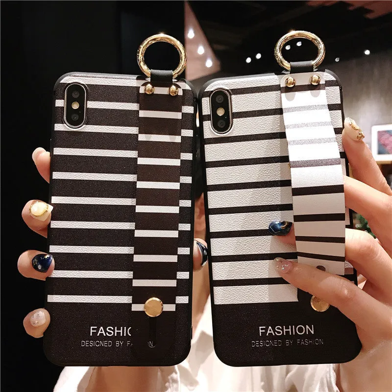 Wrist strap bracket phone case for iPhone 12 with ethnic black and white stripes TPU back cover