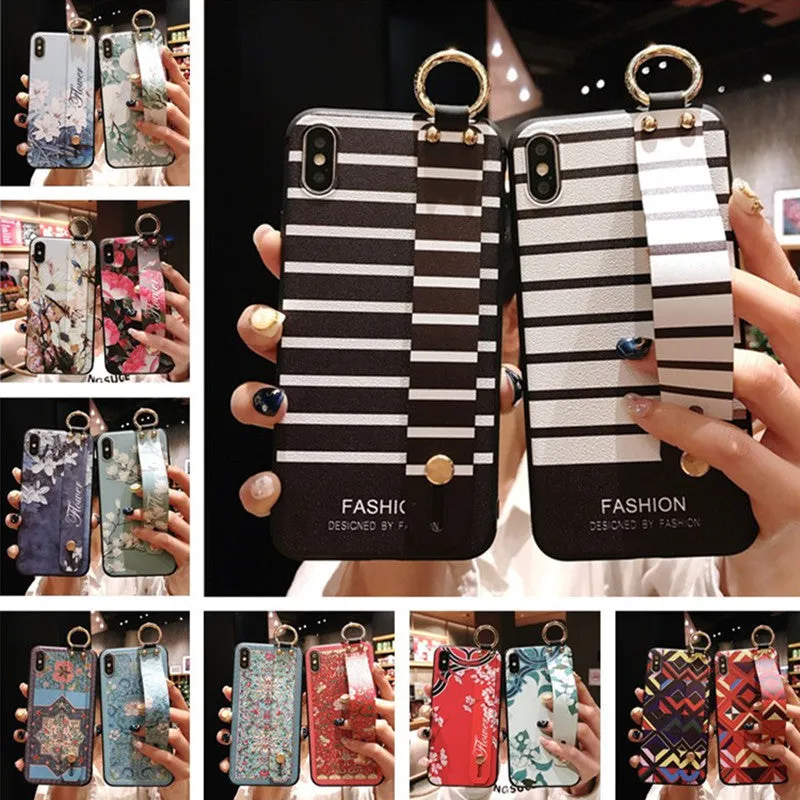 Wrist strap bracket phone case for iPhone 12 with ethnic black and white stripes TPU back cover