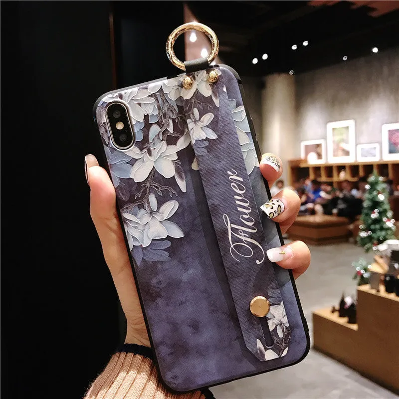 Wrist strap bracket phone case for iPhone 12 with ethnic black and white stripes TPU back cover