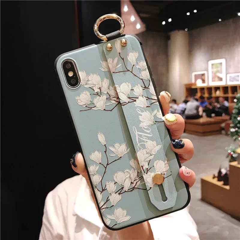 Wrist strap bracket phone case for iPhone 12 with ethnic black and white stripes TPU back cover